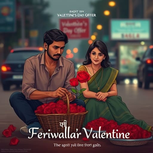 Illustration of a man and woman sitting on the ground with a basket of roses between them.